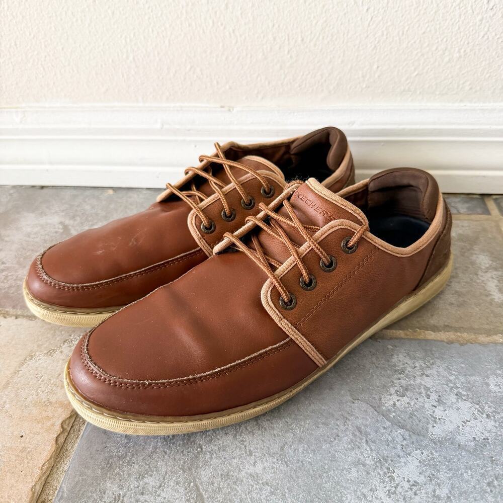 Skechers Lanson Nelvan Mens 9.5 Brown Leather Lace Up Casual Shoes - Picture 2 of 8